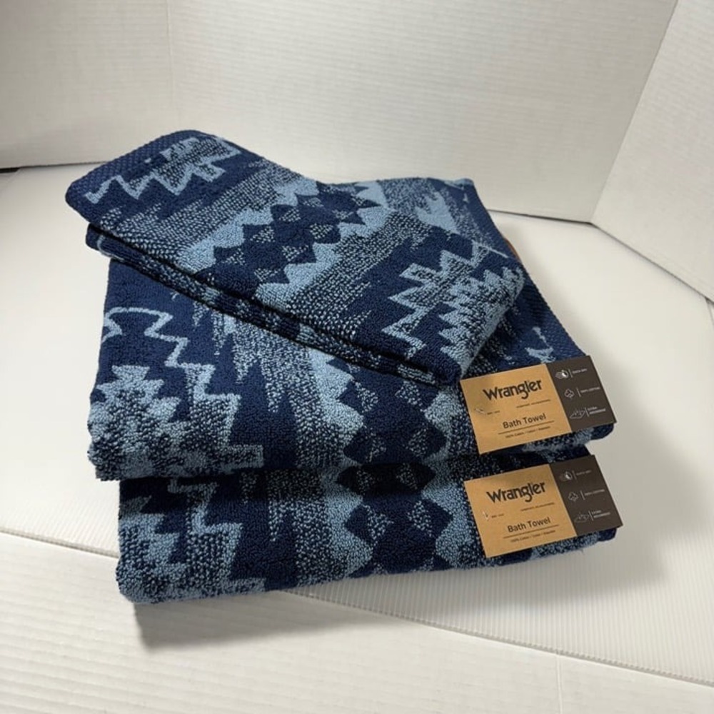 Wrangler 2 Bath Towels And Hand Towel Set, NWT Blue Aztec Country Western